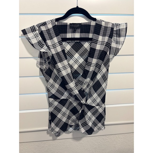 Laundry By Shelli Segal Tops - Laundry Shelli Segal Womens Black White Plaid V-Neck Long Sleeve Blouse Size M